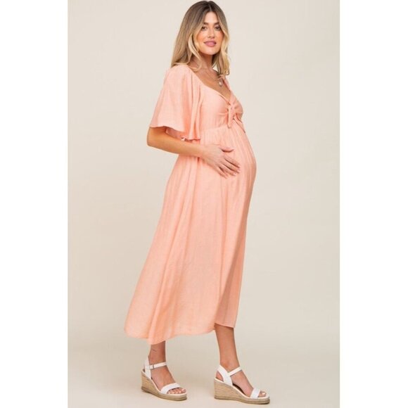 Chic Peach Midi Maternity Dress with Bow Detail - Pink Blush Maternity - Picture 4 of 12